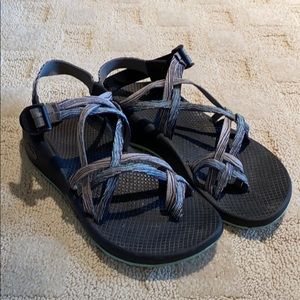 Teal and purple Chacos
